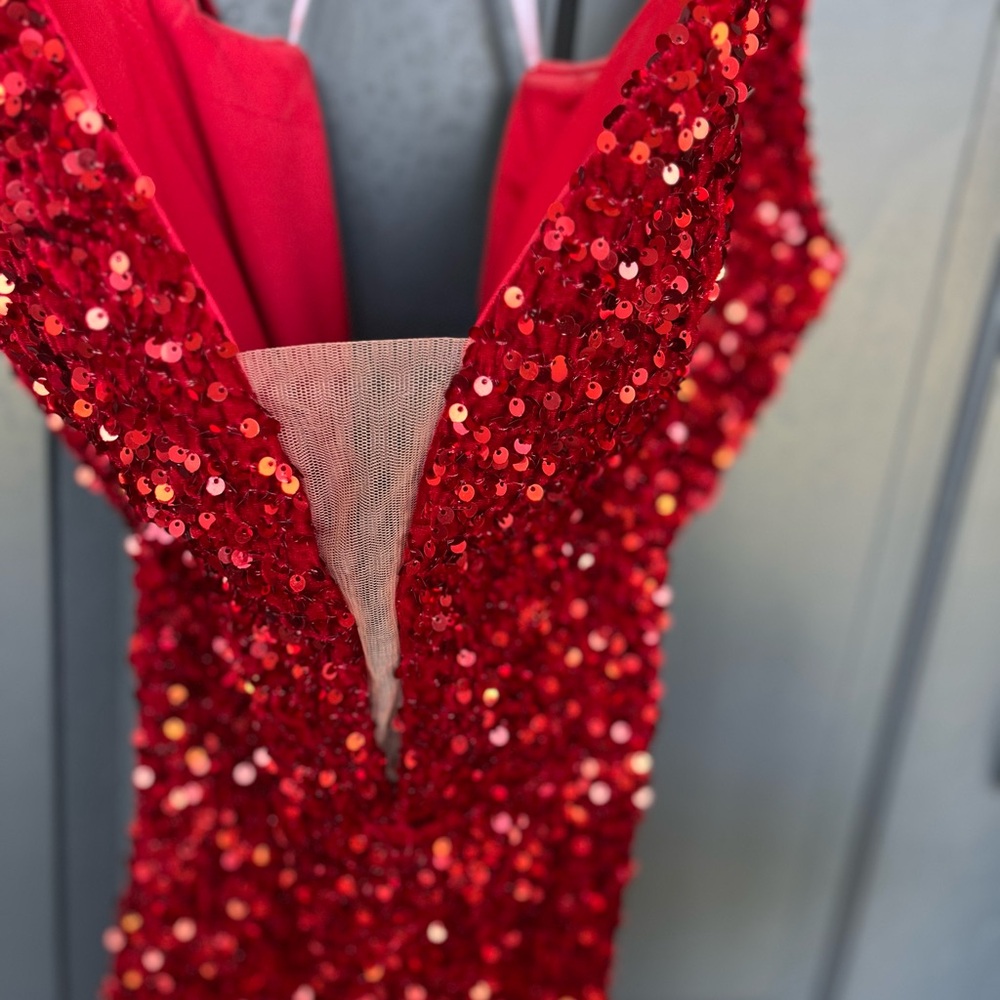Alyce Paris Off-Shoulder Red Sequin Prom Gown - Picture 4 of 9